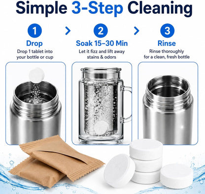 40 Pcs Water Bottle Cleaner Tablets - Water Bottle Cleaning Tablets for Stainless Steel, Tumblers, Reusable Bottles, Bottle Cleaner Tablets Remove Coffee & Tea Stains, Odor Buildup