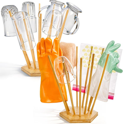 Set of 2 Plastic Bag and Bottle Drying Racks, Countertop Kitchen Bamboo Drying Stands for Cup, Mug, Gloves, Silicone Bags
