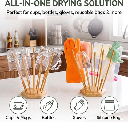 Set of 2 Plastic Bag and Bottle Drying Racks, Countertop Kitchen Bamboo Drying Stands for Cup, Mug, Gloves, Silicone Bags