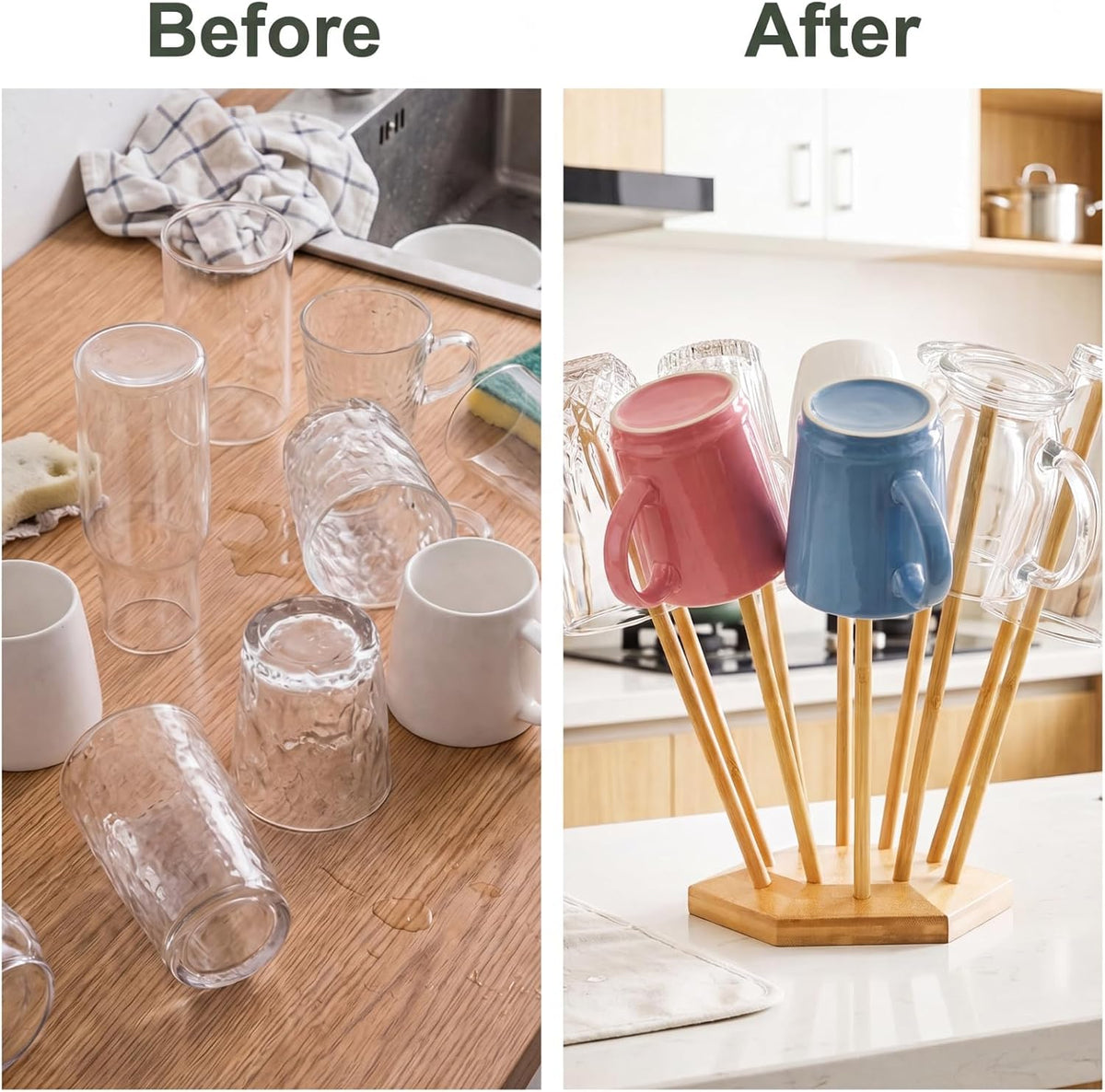 Set of 2 Plastic Bag and Bottle Drying Racks, Countertop Kitchen Bamboo Drying Stands for Cup, Mug, Gloves, Silicone Bags