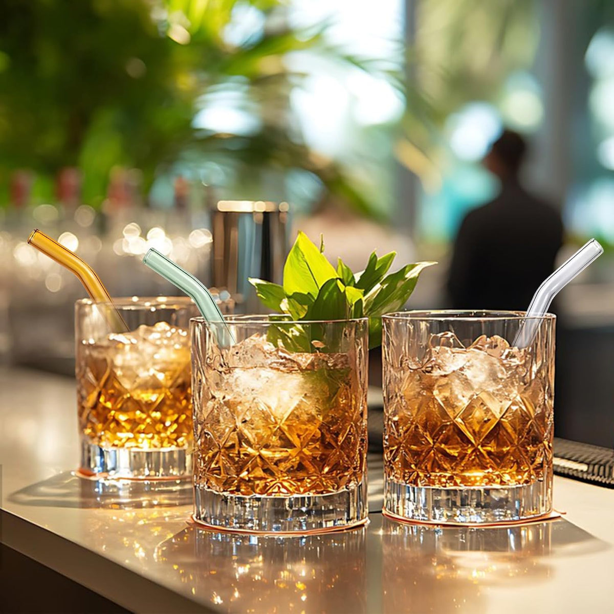 10 Pcs Reusable Bent Short Glass Straws,6''x10 mm Colorful Cocktail Glass Straws Shatter Resistant with 2 Cleaner Brush for Whiskey,Coffee,Juice,Soda Drinks,Teas