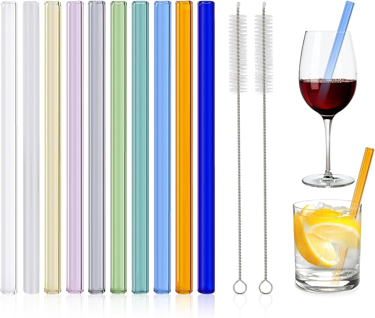 10 Pcs Reusable Bent Short Glass Straws,6''x10 mm Colorful Cocktail Glass Straws Shatter Resistant with 2 Cleaner Brush for Whiskey,Coffee,Juice,Soda Drinks,Teas