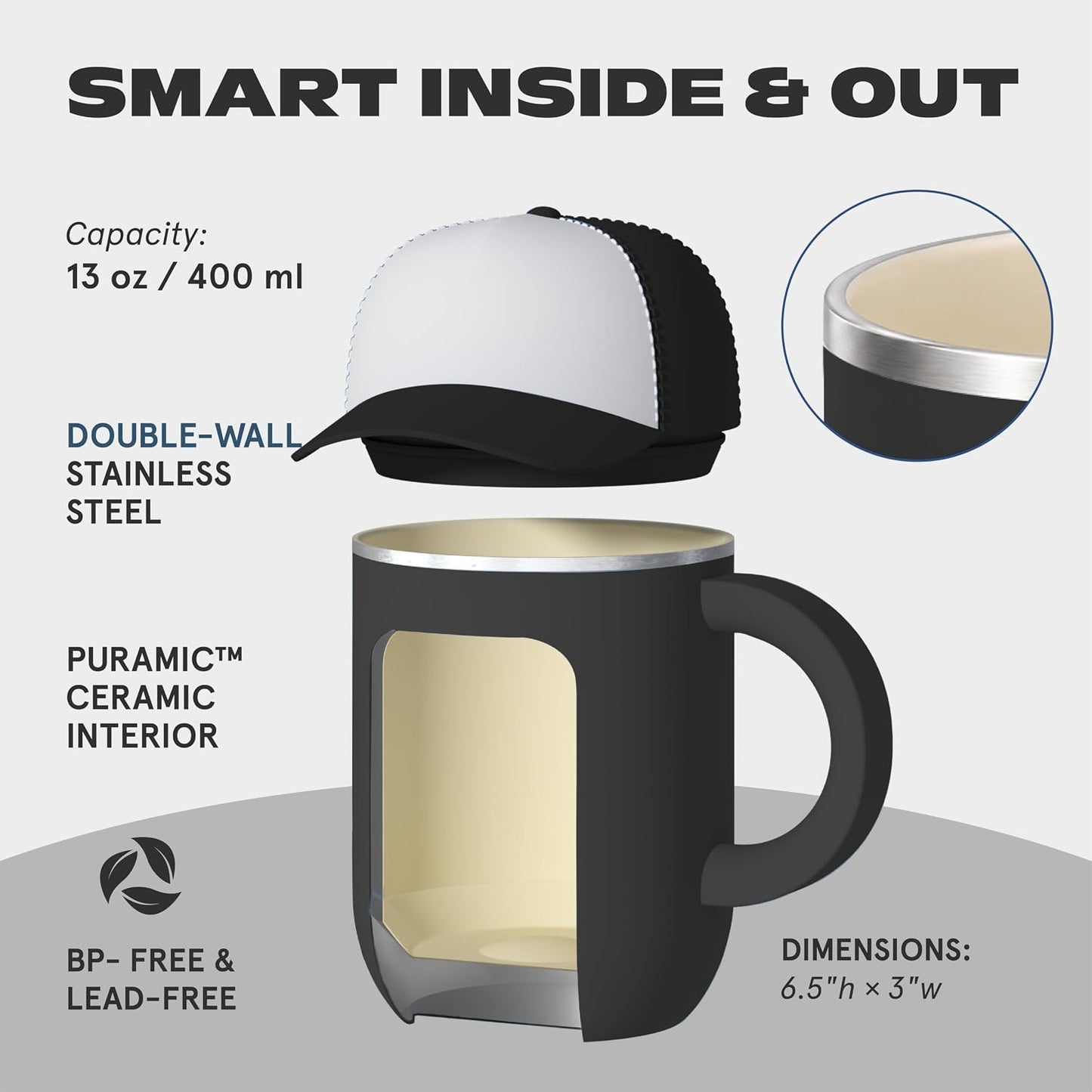 Ultimate Ceramic Travel Mug, 12oz Insulated Stainless Steel Coffee Cup with Handle & Splash-Resistant Lid, Ceramic Lined for Pure Taste, BPA-Free, Double-Wall Vacuum for Hot Drinks