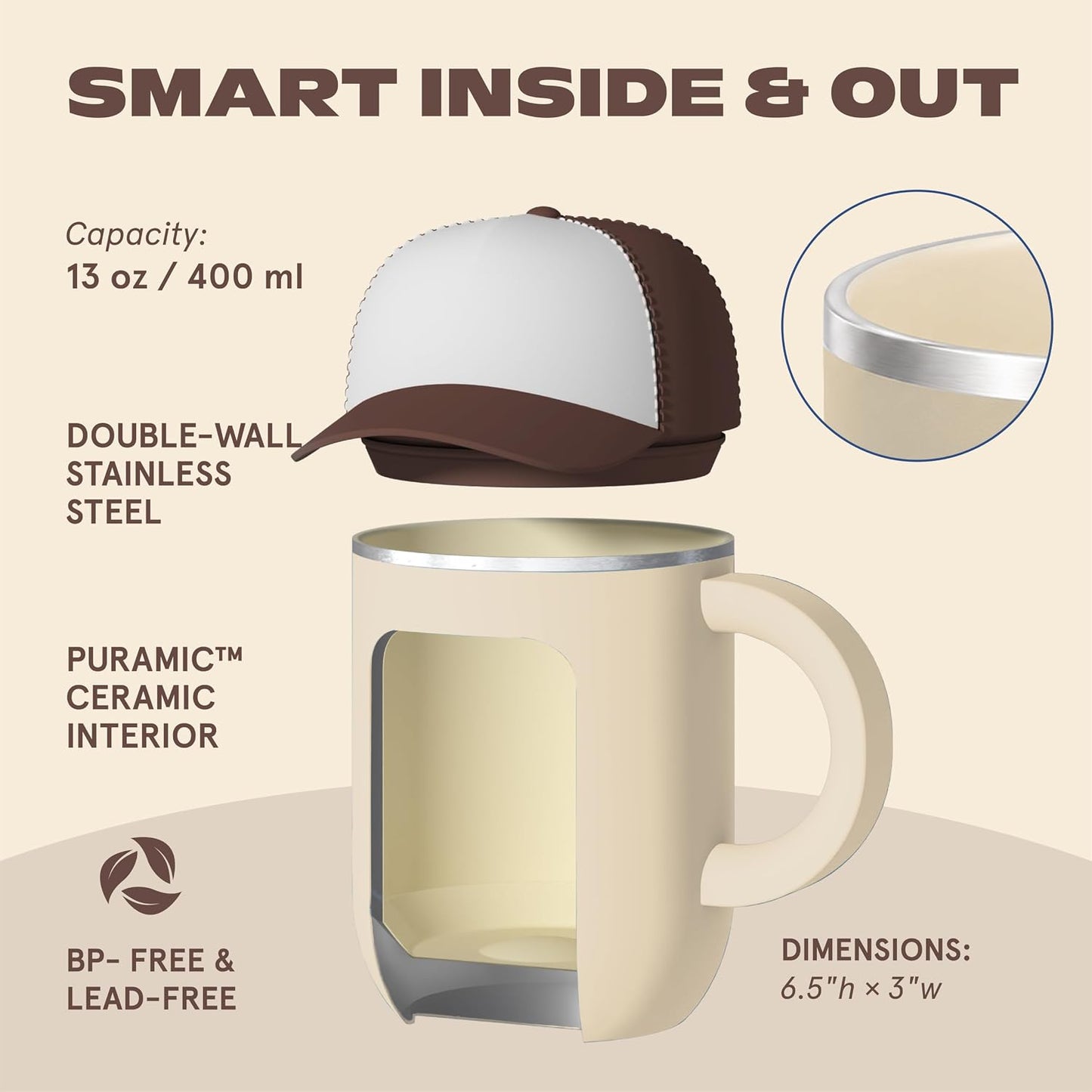 Ultimate Ceramic Travel Mug, 12oz Insulated Stainless Steel Coffee Cup with Handle & Splash-Resistant Lid, Ceramic Lined for Pure Taste, BPA-Free, Double-Wall Vacuum for Hot Drinks