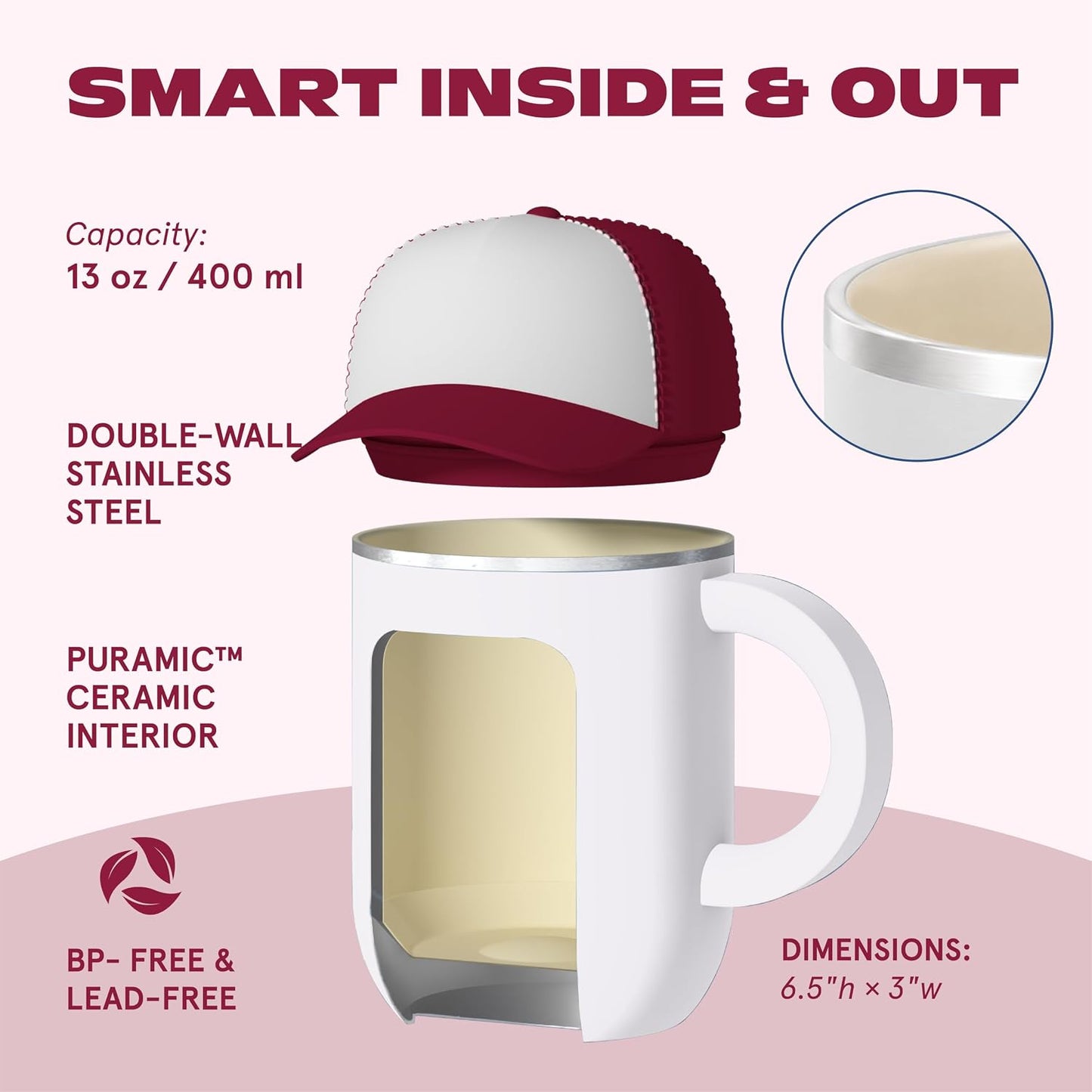 Ultimate Ceramic Travel Mug, 12oz Insulated Stainless Steel Coffee Cup with Handle & Splash-Resistant Lid, Ceramic Lined for Pure Taste, BPA-Free, Double-Wall Vacuum for Hot Drinks