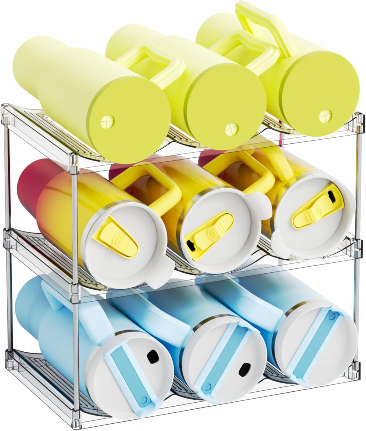 Larger Compartments Stackable Water Bottle Organizer for 40 oz Stanley Cup Holder,Yeti and Other Tumbler Organizer,3 Tier Wine Rack and Waterbottle Storage Rack for Kitchen Cabinets,Countertop