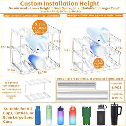 Larger Compartments Stackable Water Bottle Organizer for 40 oz Stanley Cup Holder,Yeti and Other Tumbler Organizer,3 Tier Wine Rack and Waterbottle Storage Rack for Kitchen Cabinets,Countertop