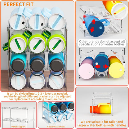 Larger Compartments Stackable Water Bottle Organizer for 40 oz Stanley Cup Holder,Yeti and Other Tumbler Organizer,3 Tier Wine Rack and Waterbottle Storage Rack for Kitchen Cabinets,Countertop