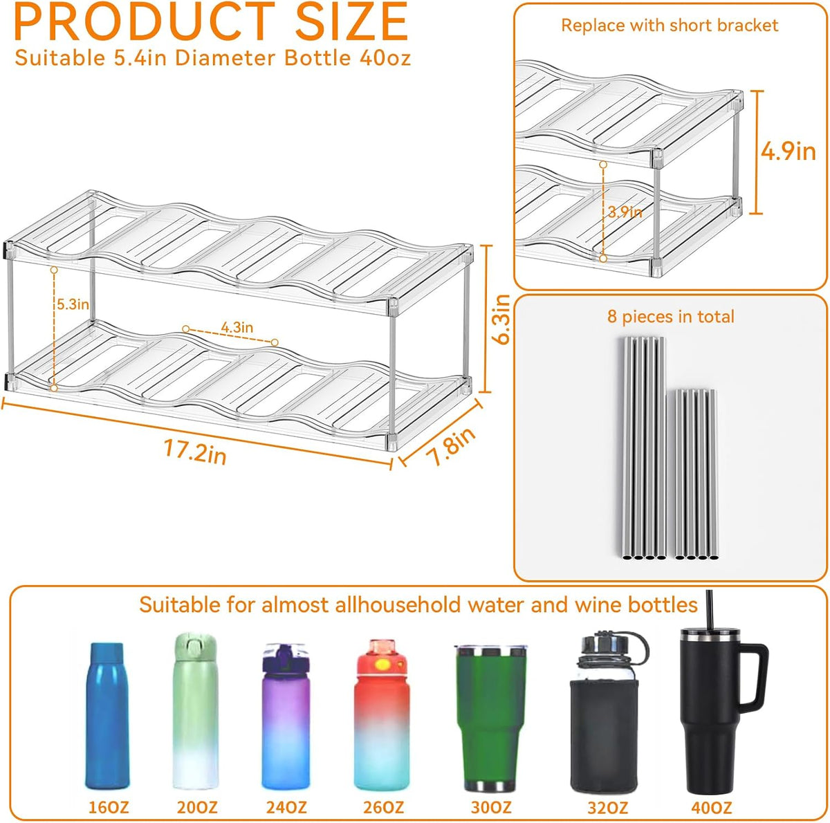 Larger Compartments Stackable Water Bottle Organizer for 40 oz Stanley Cup Holder,Yeti and Other Tumbler Organizer,3 Tier Wine Rack and Waterbottle Storage Rack for Kitchen Cabinets,Countertop