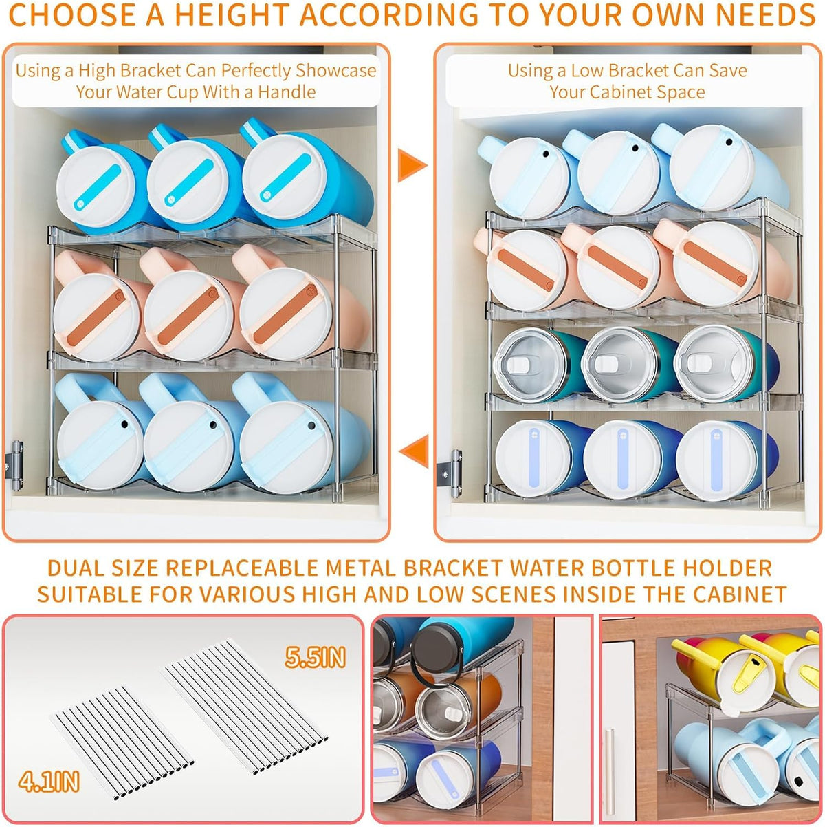Larger Compartments Stackable Water Bottle Organizer for 40 oz Stanley Cup Holder,Yeti and Other Tumbler Organizer,3 Tier Wine Rack and Waterbottle Storage Rack for Kitchen Cabinets,Countertop