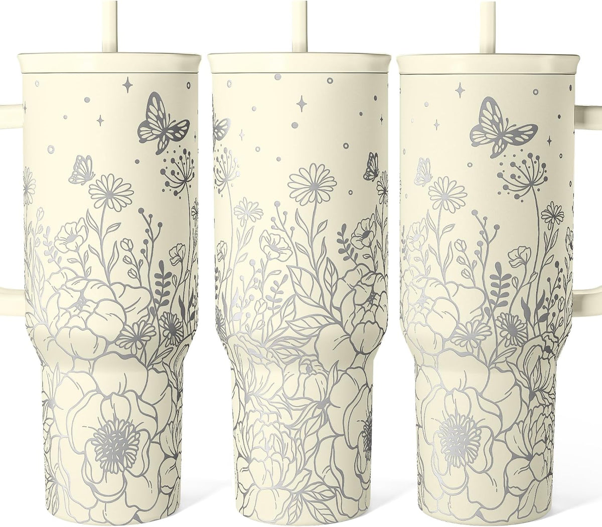 Floral Tumbler with Handle 40oz, Stainless Steel Insulated Tumblers Coffee Travel Mug Cup with Straw, Flower Coffee Cup Gifts for Women Girls, Gift for Her on Christmas Birthday Mothers Day