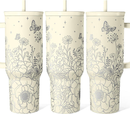 Floral Tumbler with Handle 40oz, Stainless Steel Insulated Tumblers Coffee Travel Mug Cup with Straw, Flower Coffee Cup Gifts for Women Girls, Gift for Her on Christmas Birthday Mothers Day