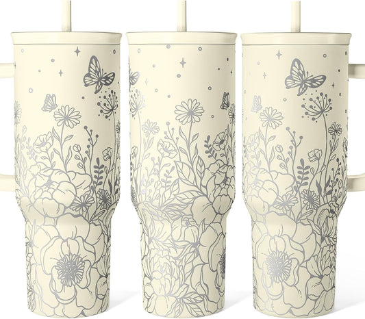 Floral Tumbler with Handle 40oz, Stainless Steel Insulated Tumblers Coffee Travel Mug Cup with Straw, Flower Coffee Cup Gifts for Women Girls, Gift for Her on Christmas Birthday Mothers Day