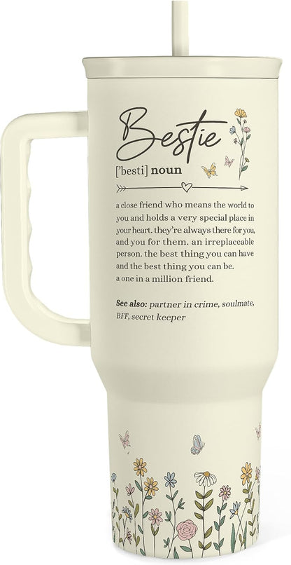 Floral Tumbler with Handle 40oz, Stainless Steel Insulated Tumblers Coffee Travel Mug Cup with Straw, Flower Coffee Cup Gifts for Women Girls, Gift for Her on Christmas Birthday Mothers Day