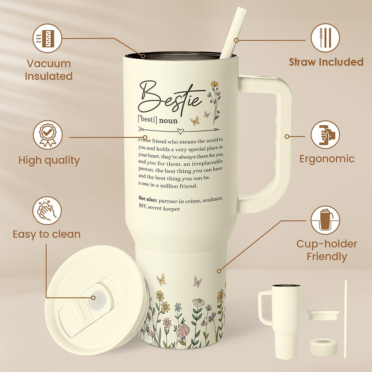 Floral Tumbler with Handle 40oz, Stainless Steel Insulated Tumblers Coffee Travel Mug Cup with Straw, Flower Coffee Cup Gifts for Women Girls, Gift for Her on Christmas Birthday Mothers Day