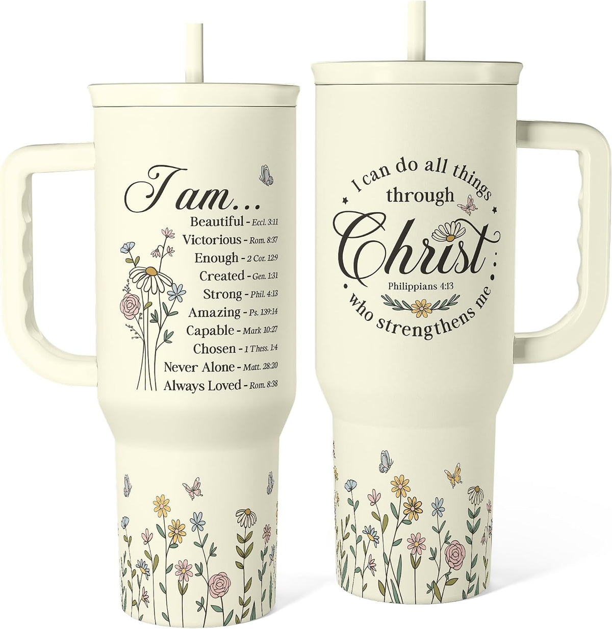 Floral Tumbler with Handle 40oz, Stainless Steel Insulated Tumblers Coffee Travel Mug Cup with Straw, Flower Coffee Cup Gifts for Women Girls, Gift for Her on Christmas Birthday Mothers Day