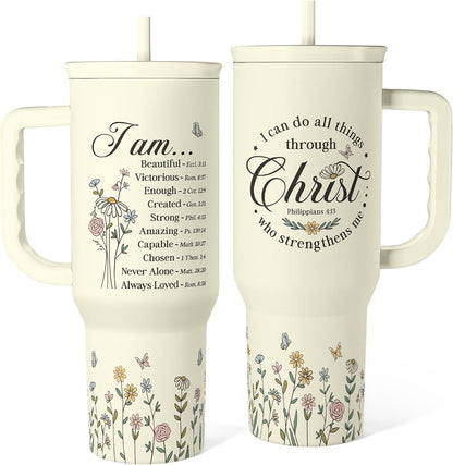 Floral Tumbler with Handle 40oz, Stainless Steel Insulated Tumblers Coffee Travel Mug Cup with Straw, Flower Coffee Cup Gifts for Women Girls, Gift for Her on Christmas Birthday Mothers Day