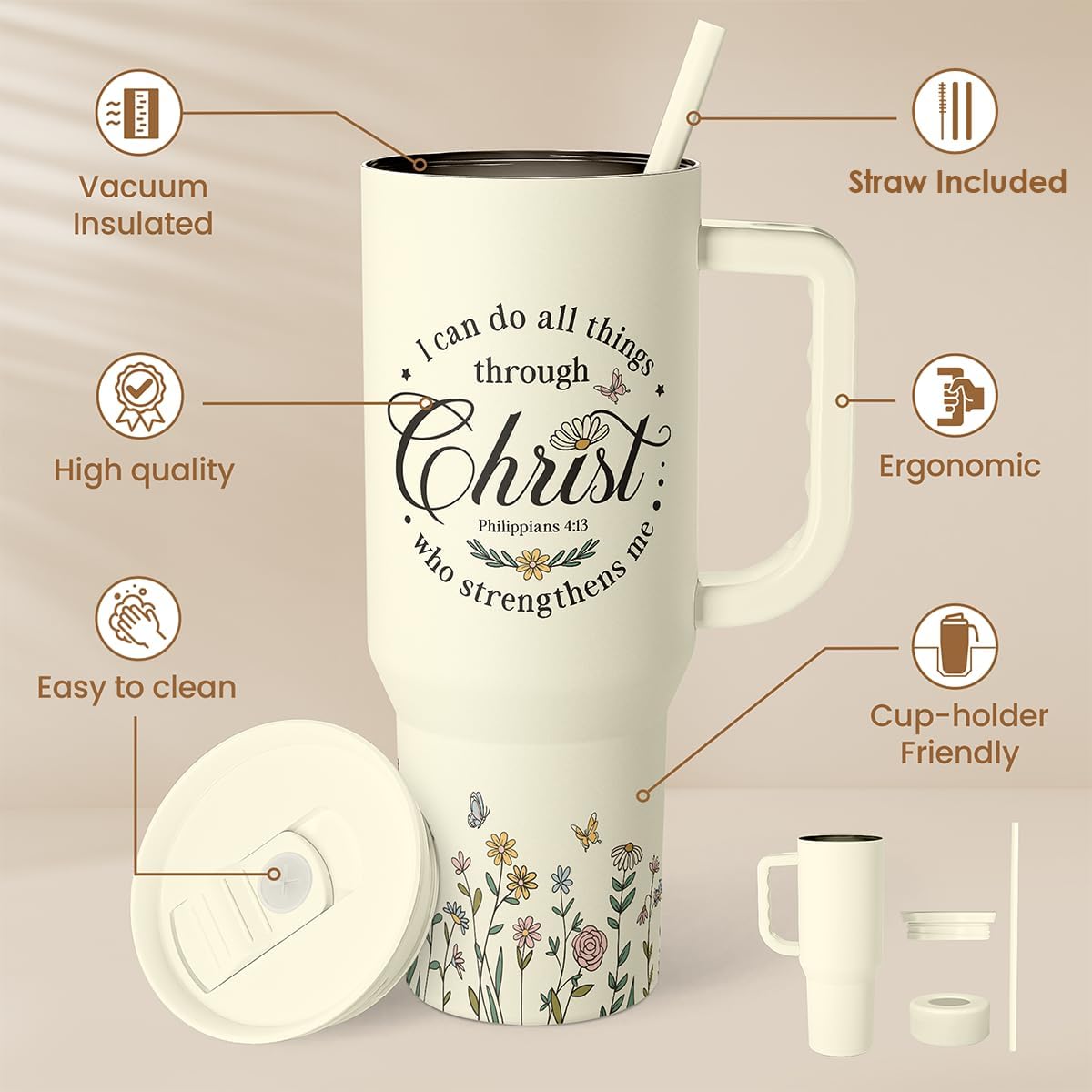 Floral Tumbler with Handle 40oz, Stainless Steel Insulated Tumblers Coffee Travel Mug Cup with Straw, Flower Coffee Cup Gifts for Women Girls, Gift for Her on Christmas Birthday Mothers Day