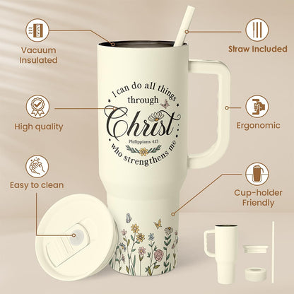Floral Tumbler with Handle 40oz, Stainless Steel Insulated Tumblers Coffee Travel Mug Cup with Straw, Flower Coffee Cup Gifts for Women Girls, Gift for Her on Christmas Birthday Mothers Day