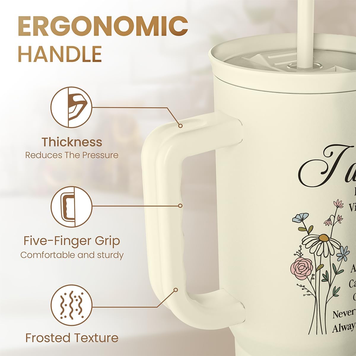 Floral Tumbler with Handle 40oz, Stainless Steel Insulated Tumblers Coffee Travel Mug Cup with Straw, Flower Coffee Cup Gifts for Women Girls, Gift for Her on Christmas Birthday Mothers Day