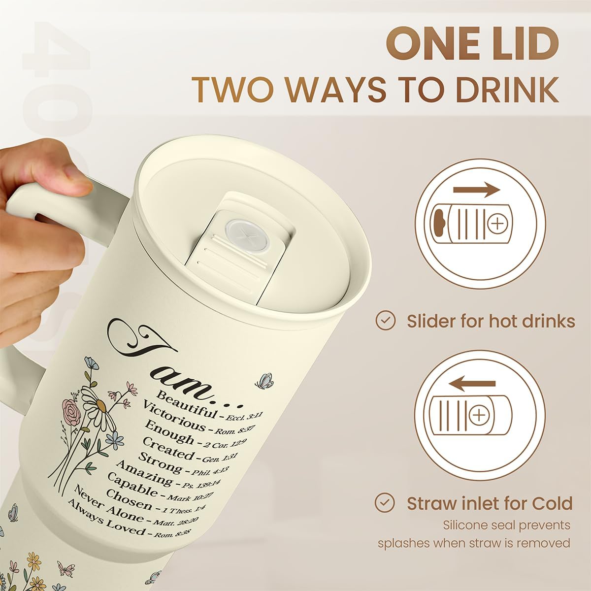 Floral Tumbler with Handle 40oz, Stainless Steel Insulated Tumblers Coffee Travel Mug Cup with Straw, Flower Coffee Cup Gifts for Women Girls, Gift for Her on Christmas Birthday Mothers Day