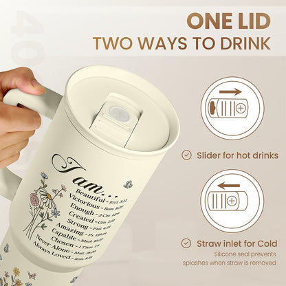 Floral Tumbler with Handle 40oz, Stainless Steel Insulated Tumblers Coffee Travel Mug Cup with Straw, Flower Coffee Cup Gifts for Women Girls, Gift for Her on Christmas Birthday Mothers Day