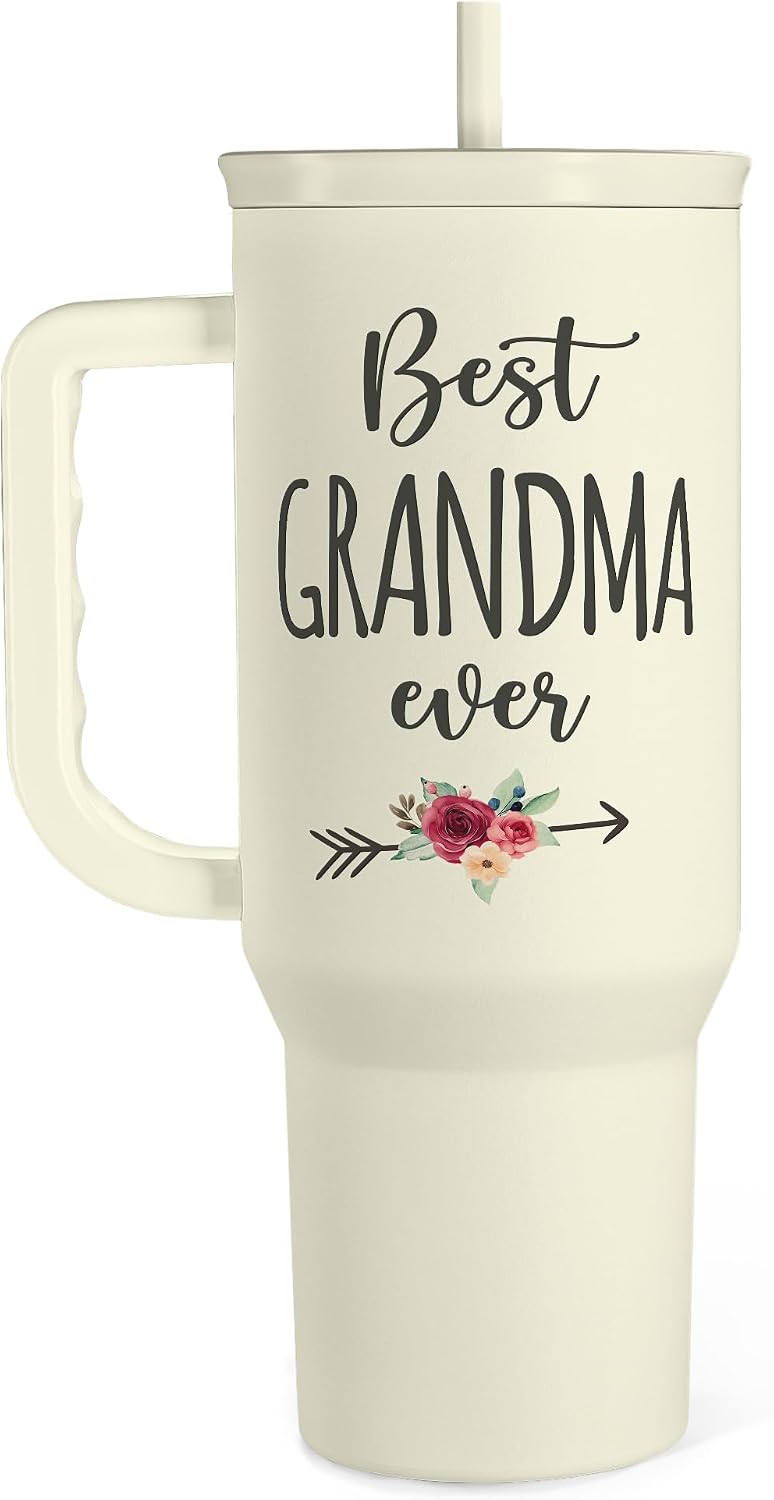 Floral Tumbler with Handle 40oz, Stainless Steel Insulated Tumblers Coffee Travel Mug Cup with Straw, Flower Coffee Cup Gifts for Women Girls, Gift for Her on Christmas Birthday Mothers Day