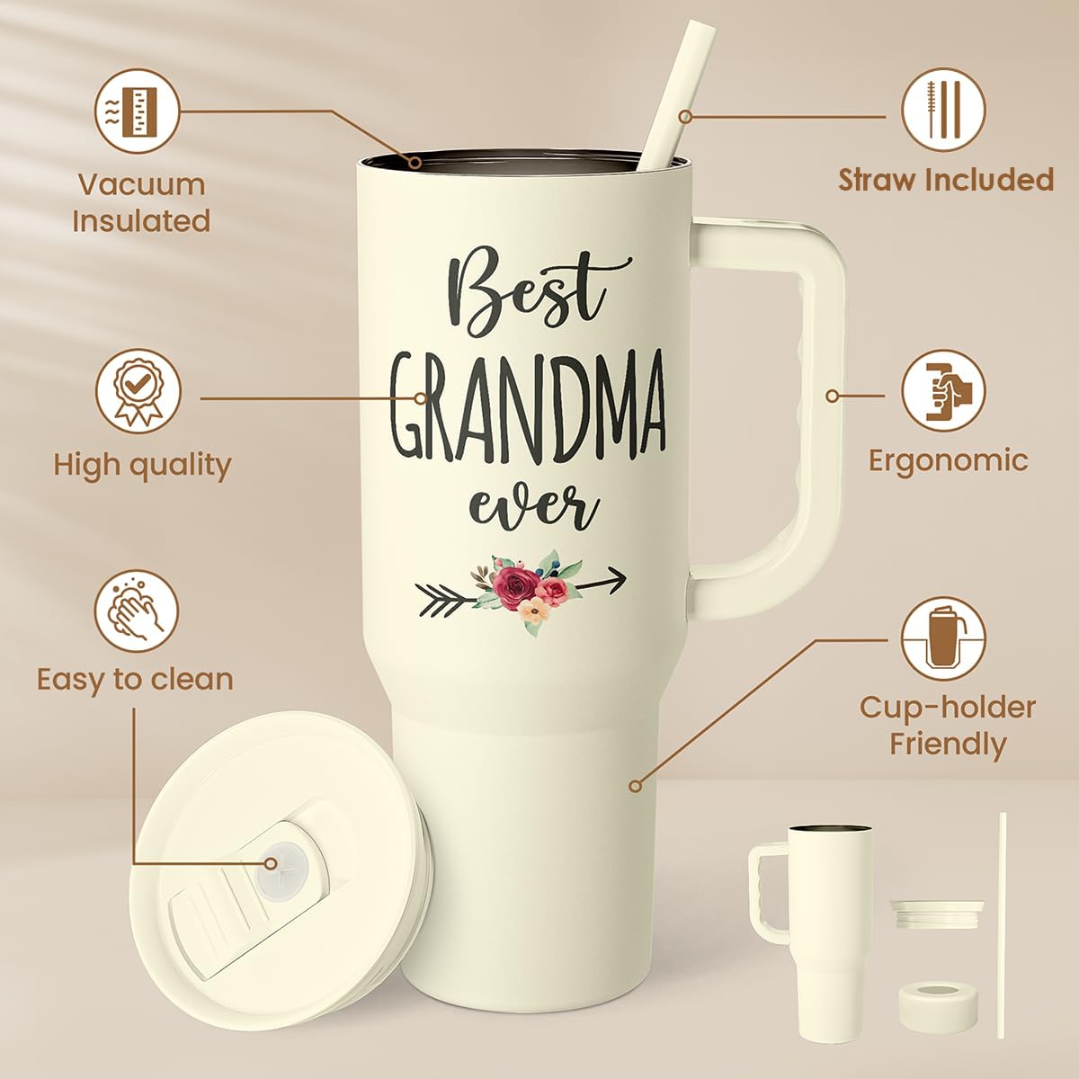 Floral Tumbler with Handle 40oz, Stainless Steel Insulated Tumblers Coffee Travel Mug Cup with Straw, Flower Coffee Cup Gifts for Women Girls, Gift for Her on Christmas Birthday Mothers Day