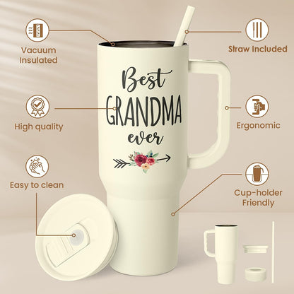 Floral Tumbler with Handle 40oz, Stainless Steel Insulated Tumblers Coffee Travel Mug Cup with Straw, Flower Coffee Cup Gifts for Women Girls, Gift for Her on Christmas Birthday Mothers Day