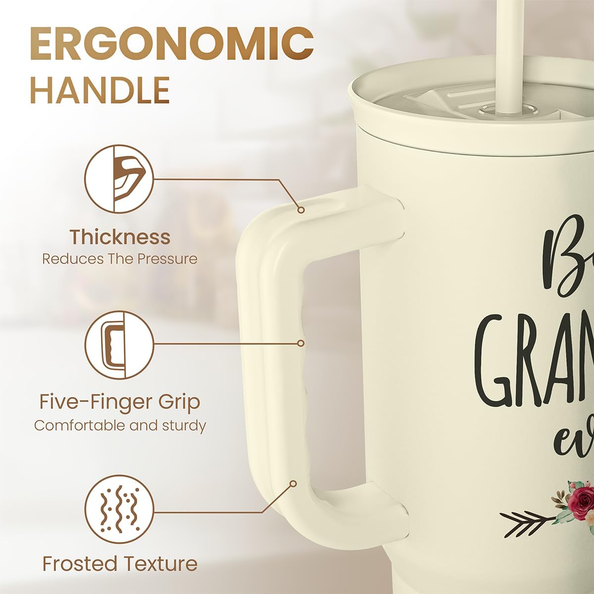 Floral Tumbler with Handle 40oz, Stainless Steel Insulated Tumblers Coffee Travel Mug Cup with Straw, Flower Coffee Cup Gifts for Women Girls, Gift for Her on Christmas Birthday Mothers Day