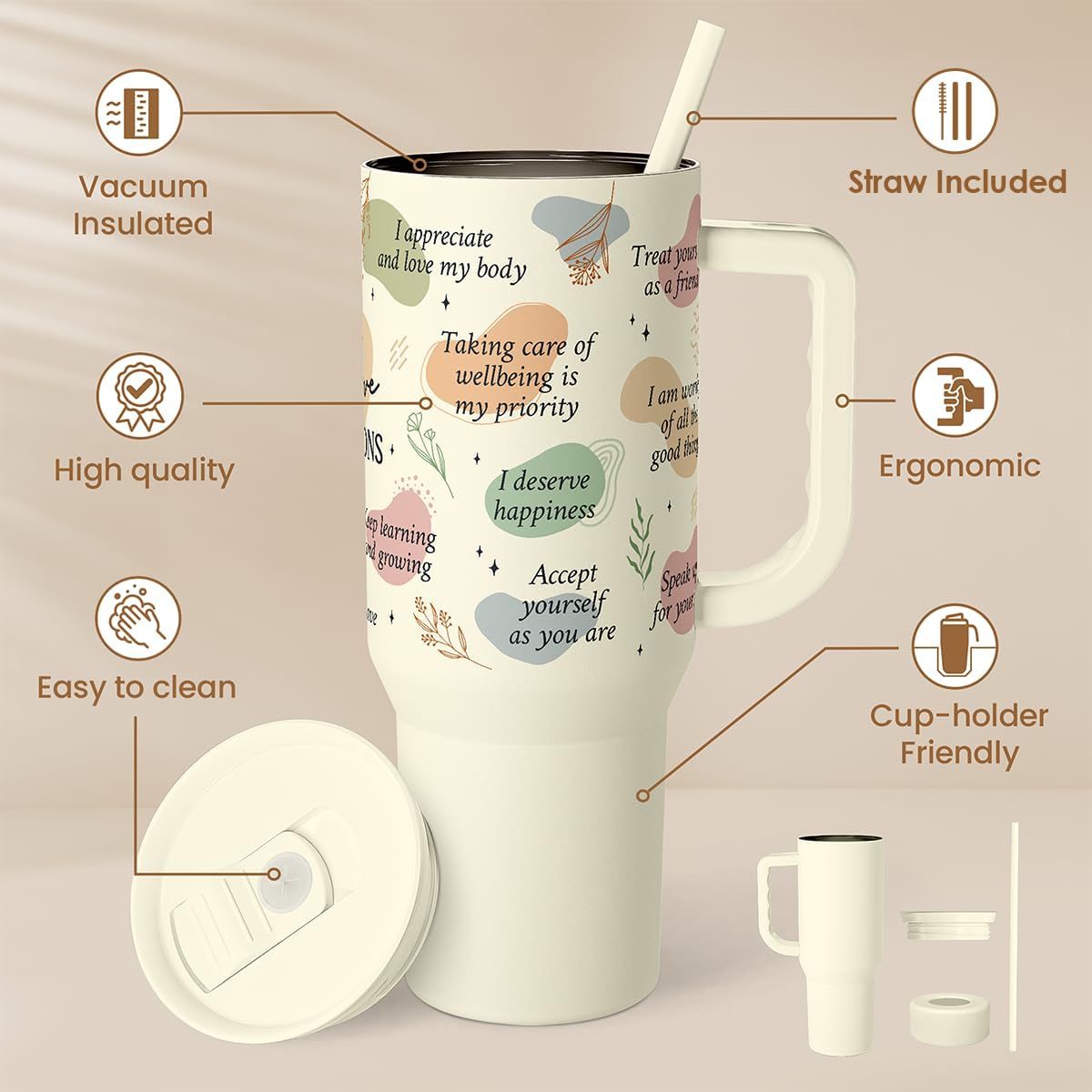 Floral Tumbler with Handle 40oz, Stainless Steel Insulated Tumblers Coffee Travel Mug Cup with Straw, Flower Coffee Cup Gifts for Women Girls, Gift for Her on Christmas Birthday Mothers Day
