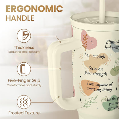 Floral Tumbler with Handle 40oz, Stainless Steel Insulated Tumblers Coffee Travel Mug Cup with Straw, Flower Coffee Cup Gifts for Women Girls, Gift for Her on Christmas Birthday Mothers Day