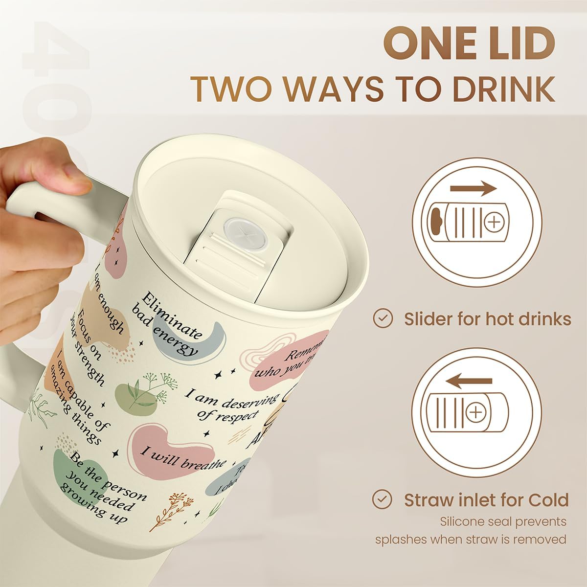 Floral Tumbler with Handle 40oz, Stainless Steel Insulated Tumblers Coffee Travel Mug Cup with Straw, Flower Coffee Cup Gifts for Women Girls, Gift for Her on Christmas Birthday Mothers Day