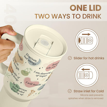 Floral Tumbler with Handle 40oz, Stainless Steel Insulated Tumblers Coffee Travel Mug Cup with Straw, Flower Coffee Cup Gifts for Women Girls, Gift for Her on Christmas Birthday Mothers Day