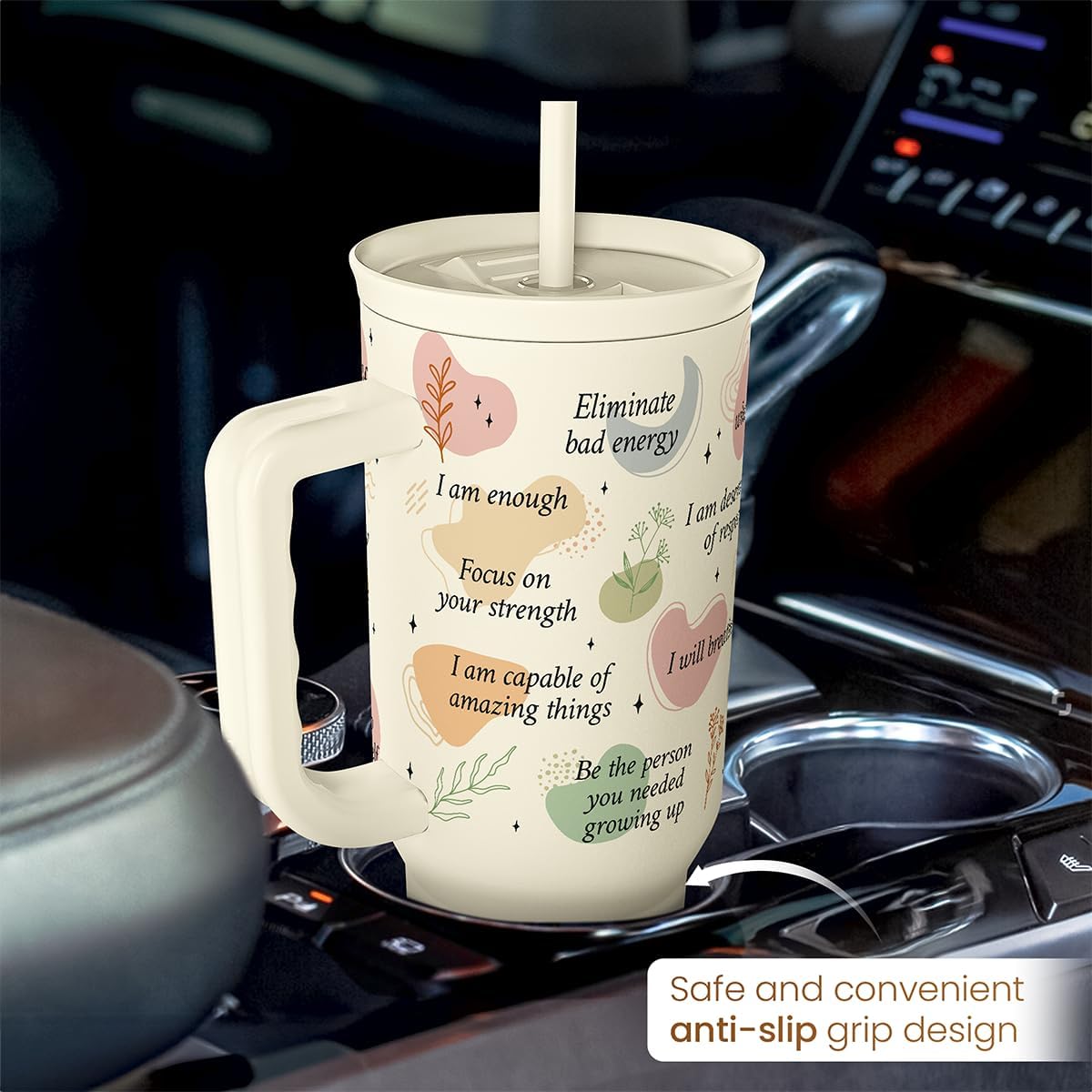 Floral Tumbler with Handle 40oz, Stainless Steel Insulated Tumblers Coffee Travel Mug Cup with Straw, Flower Coffee Cup Gifts for Women Girls, Gift for Her on Christmas Birthday Mothers Day