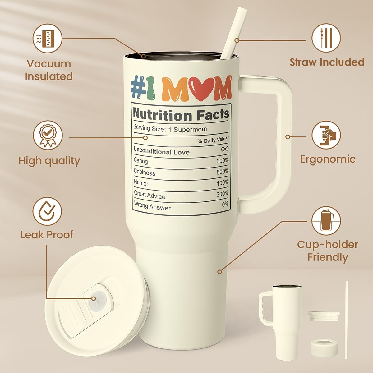 Floral Tumbler with Handle 40oz, Stainless Steel Insulated Tumblers Coffee Travel Mug Cup with Straw, Flower Coffee Cup Gifts for Women Girls, Gift for Her on Christmas Birthday Mothers Day