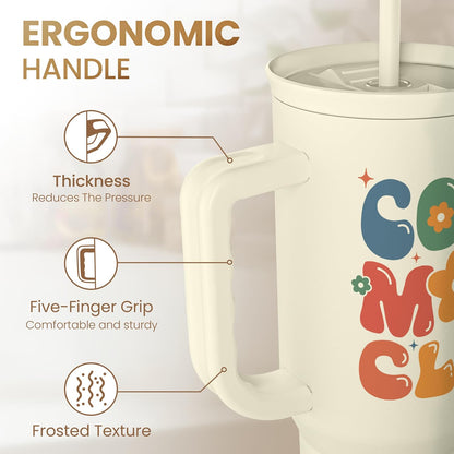 Floral Tumbler with Handle 40oz, Stainless Steel Insulated Tumblers Coffee Travel Mug Cup with Straw, Flower Coffee Cup Gifts for Women Girls, Gift for Her on Christmas Birthday Mothers Day