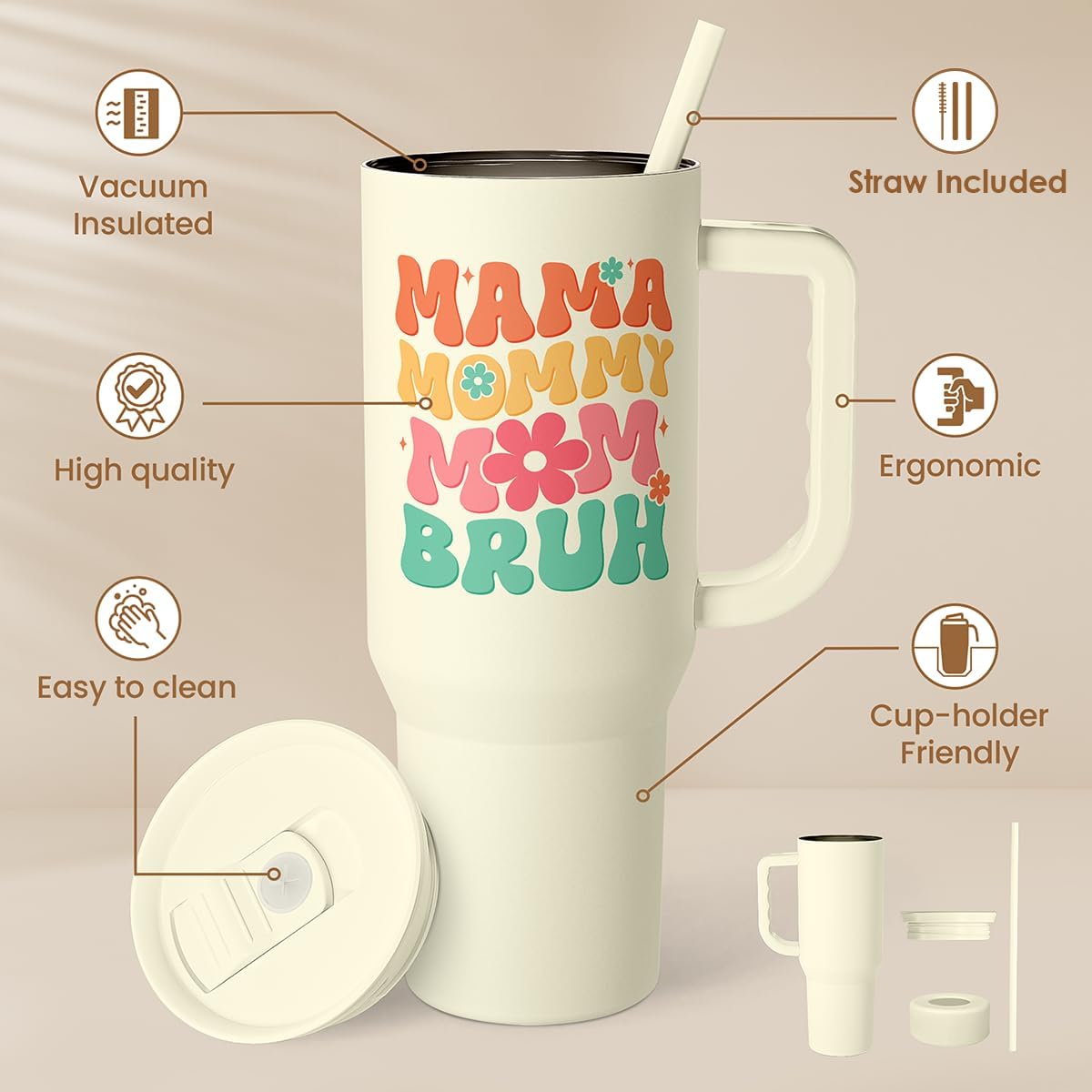 Floral Tumbler with Handle 40oz, Stainless Steel Insulated Tumblers Coffee Travel Mug Cup with Straw, Flower Coffee Cup Gifts for Women Girls, Gift for Her on Christmas Birthday Mothers Day