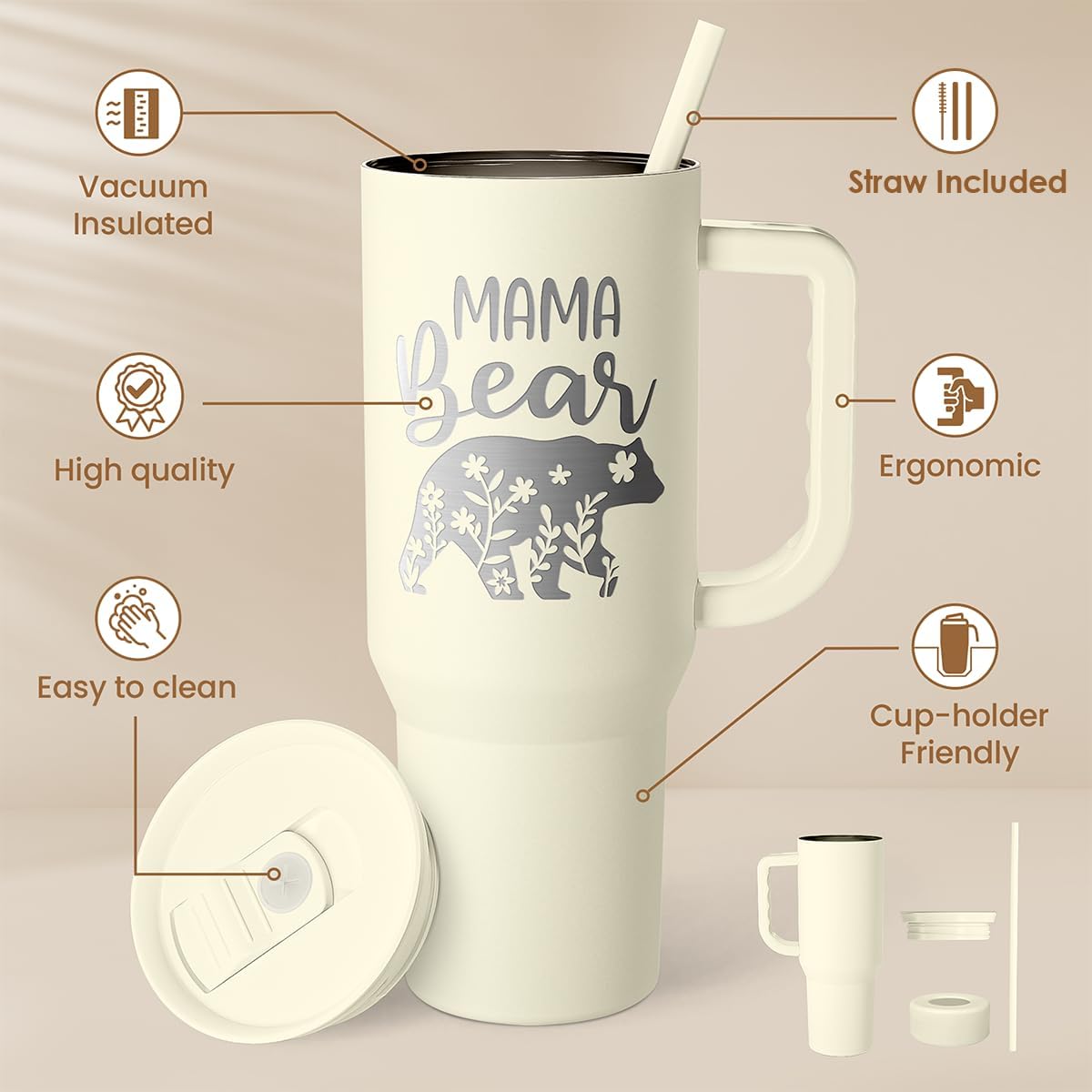Floral Tumbler with Handle 40oz, Stainless Steel Insulated Tumblers Coffee Travel Mug Cup with Straw, Flower Coffee Cup Gifts for Women Girls, Gift for Her on Christmas Birthday Mothers Day