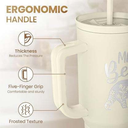 Floral Tumbler with Handle 40oz, Stainless Steel Insulated Tumblers Coffee Travel Mug Cup with Straw, Flower Coffee Cup Gifts for Women Girls, Gift for Her on Christmas Birthday Mothers Day