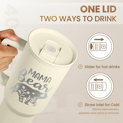 Floral Tumbler with Handle 40oz, Stainless Steel Insulated Tumblers Coffee Travel Mug Cup with Straw, Flower Coffee Cup Gifts for Women Girls, Gift for Her on Christmas Birthday Mothers Day