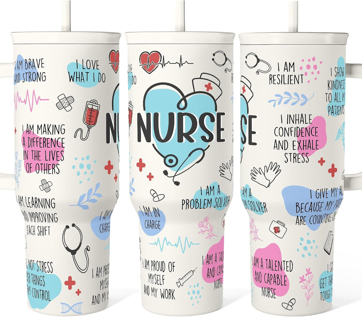 Floral Tumbler with Handle 40oz, Stainless Steel Insulated Tumblers Coffee Travel Mug Cup with Straw, Flower Coffee Cup Gifts for Women Girls, Gift for Her on Christmas Birthday Mothers Day