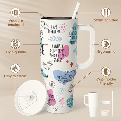 Floral Tumbler with Handle 40oz, Stainless Steel Insulated Tumblers Coffee Travel Mug Cup with Straw, Flower Coffee Cup Gifts for Women Girls, Gift for Her on Christmas Birthday Mothers Day