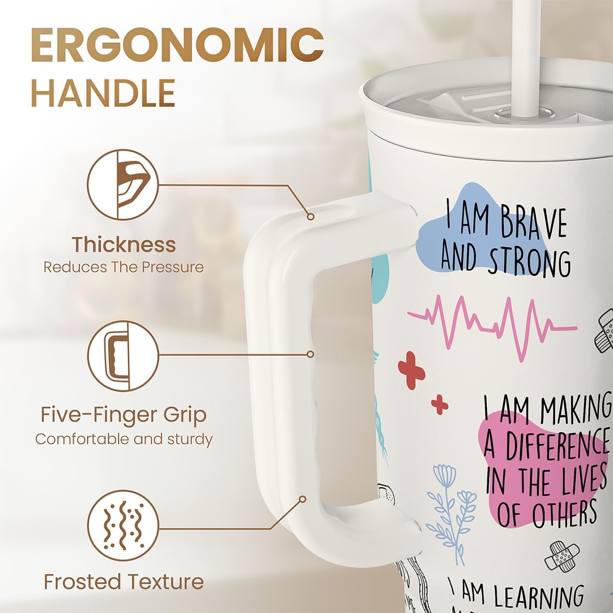 Floral Tumbler with Handle 40oz, Stainless Steel Insulated Tumblers Coffee Travel Mug Cup with Straw, Flower Coffee Cup Gifts for Women Girls, Gift for Her on Christmas Birthday Mothers Day