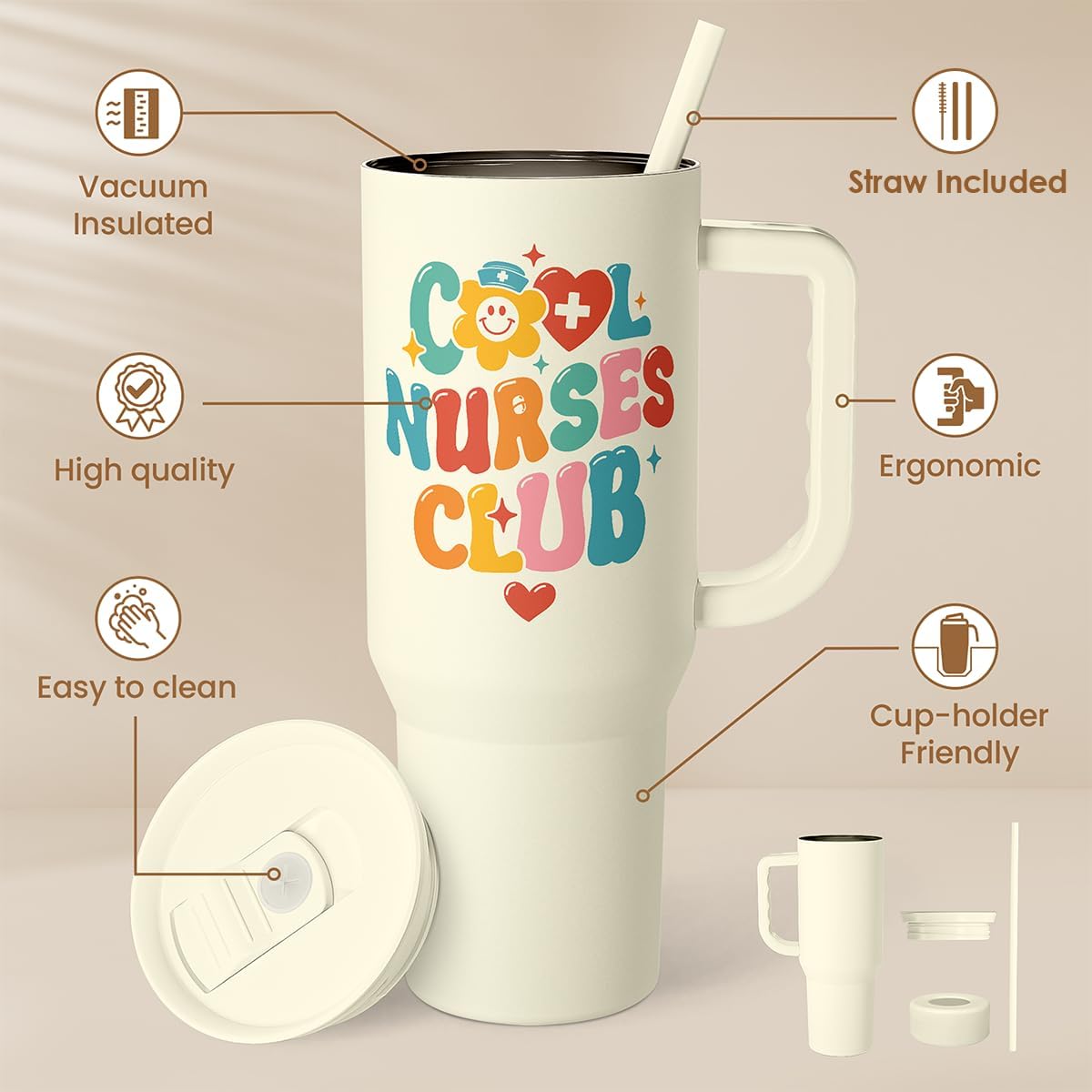 Floral Tumbler with Handle 40oz, Stainless Steel Insulated Tumblers Coffee Travel Mug Cup with Straw, Flower Coffee Cup Gifts for Women Girls, Gift for Her on Christmas Birthday Mothers Day