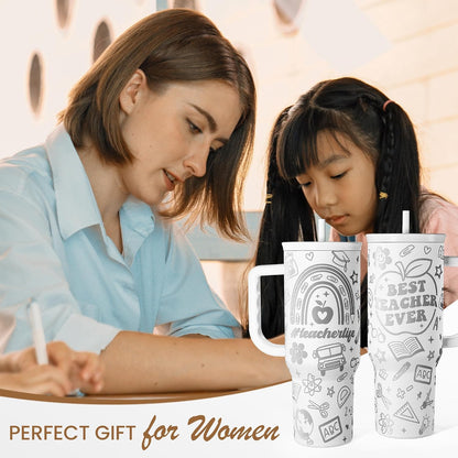 Floral Tumbler with Handle 40oz, Stainless Steel Insulated Tumblers Coffee Travel Mug Cup with Straw, Flower Coffee Cup Gifts for Women Girls, Gift for Her on Christmas Birthday Mothers Day