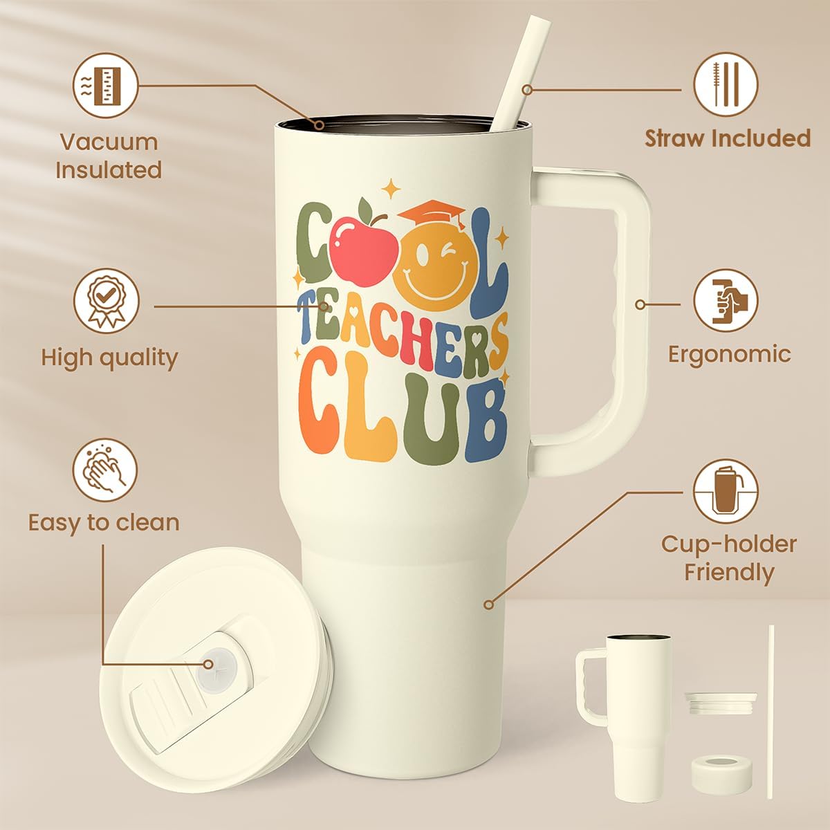 Floral Tumbler with Handle 40oz, Stainless Steel Insulated Tumblers Coffee Travel Mug Cup with Straw, Flower Coffee Cup Gifts for Women Girls, Gift for Her on Christmas Birthday Mothers Day