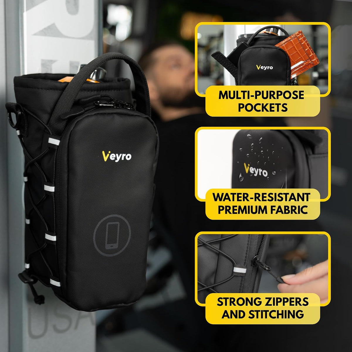 Magnetic Gym Bag with Strong Phone Mount - Magnetic Water Bottle Holder - Gym Water Bottle Bag for Men and Women - Crossbody Sling Pouch (Black)