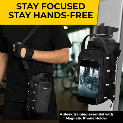 Magnetic Gym Bag with Strong Phone Mount - Magnetic Water Bottle Holder - Gym Water Bottle Bag for Men and Women - Crossbody Sling Pouch (Black)