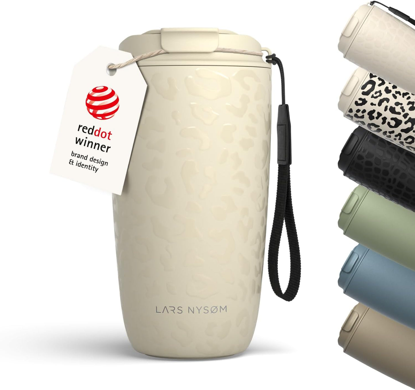 LARS NYSØM Thermo Coffee Mug-to-go with Strap 17oz | Travel Mug with Insulation | Leak Proof Stainless Steel Thermal Tumbler with Pattern Design for Coffee and Tea to Go (Beige/Leopard/Beige, 17oz)